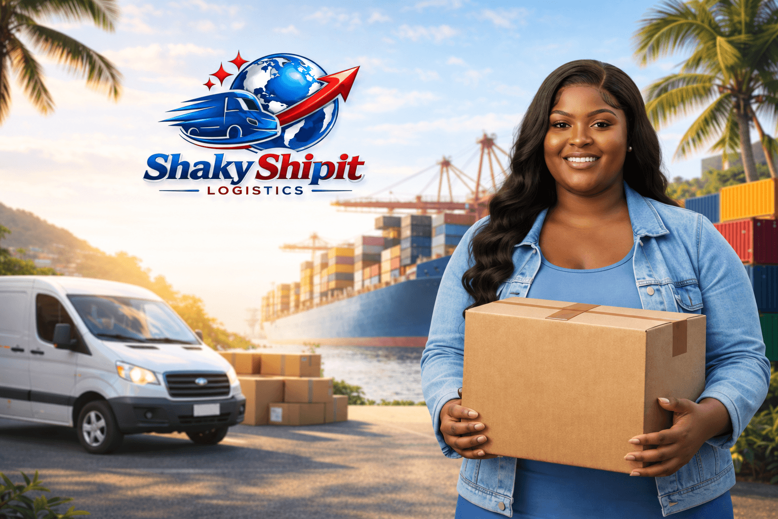 Smiling customer holding a parcel at a tropical port, with the Shaky Shipit Logistics logo in the sky